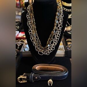 Vintage Etienne Aigner Necklace, Pin and Leather Belt Bundle